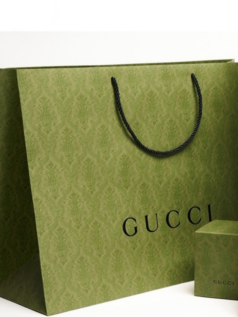 GUCCI Olive Green Patterned Paper Shopping Bag with Black Rope Handles